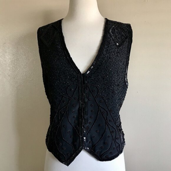 Spencer Jeremy Tops - Vintage 90s Spencer‎ Jeremy Black Beaded Sequin Silk Vest - Size M